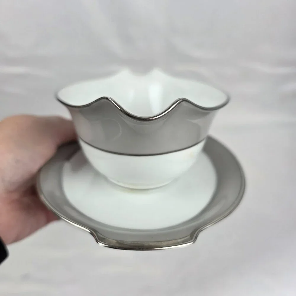 Sango Plantina Gravy Boat with Underplate Gray Band Platinum Trim